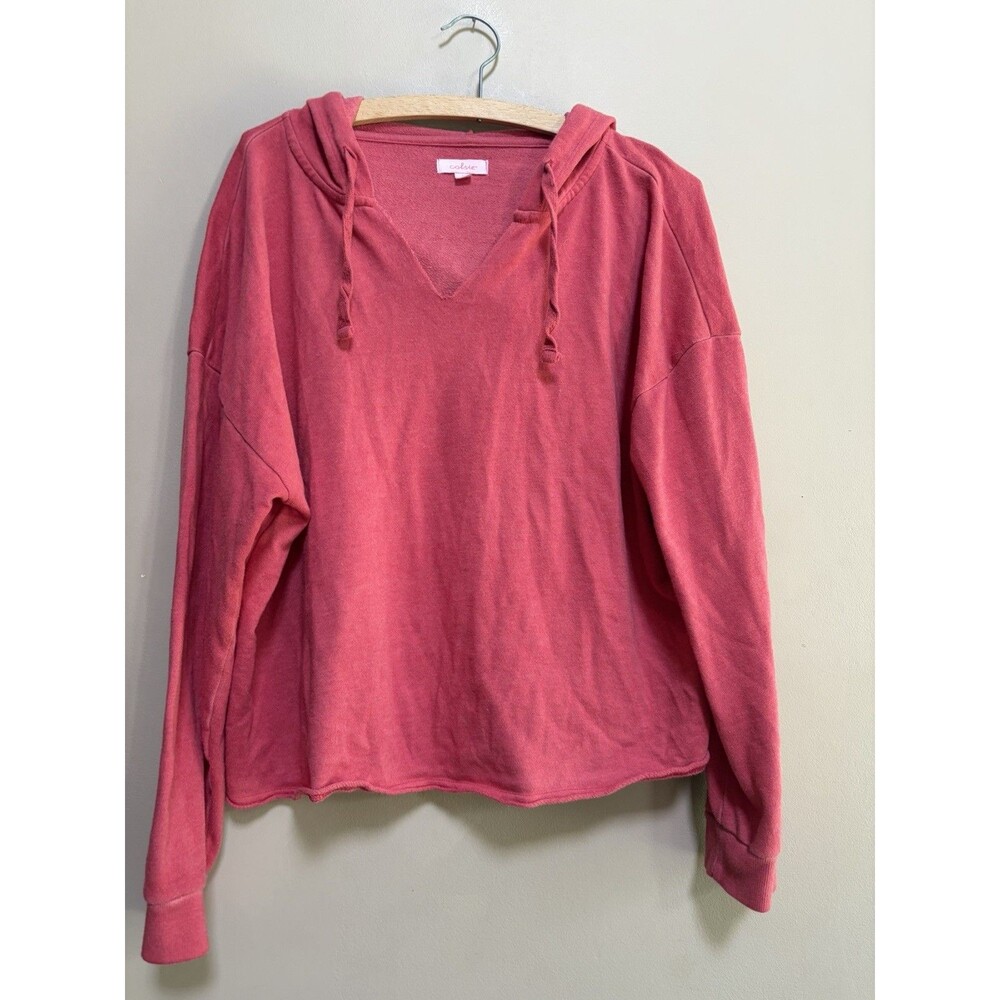 Colsie Women’s Size Large Red Long Sleeve V Neck Raw Hem Cropped Hoodie Comfy